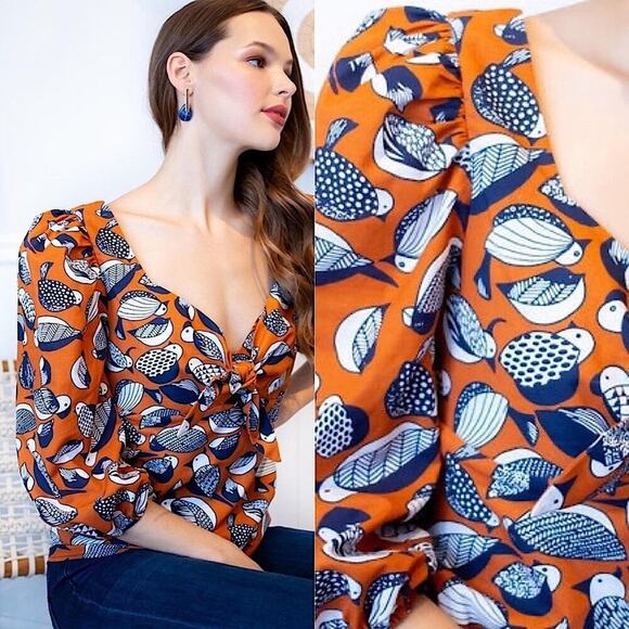 NEW Eva Franco Bird Print Blouse Puff Sleeves Knot front Sweetheart Neck Size 12 - Picture 1 of 16